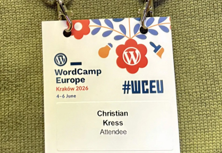 Namensschild beim WordCamp Europe 2026 in Krakau
